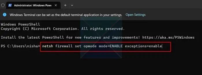 Enable Firewall Component via Terminal