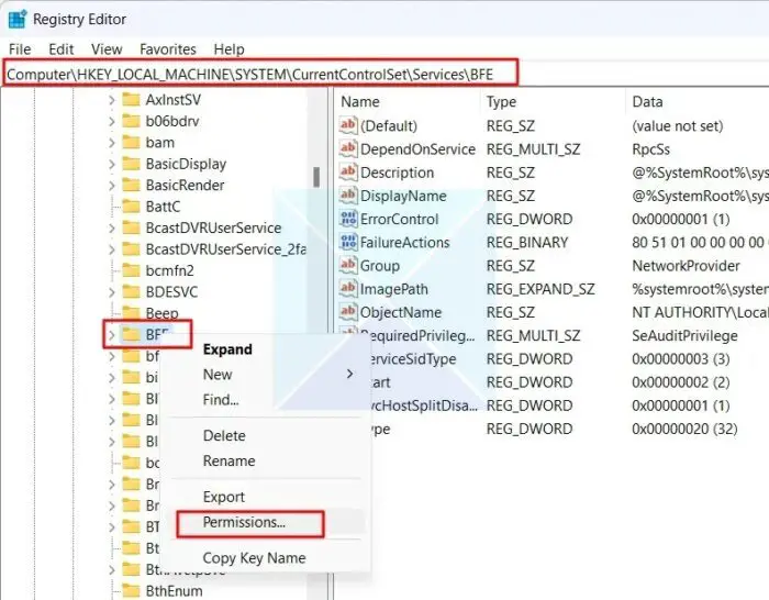 Open BFE Permisiions From Registry