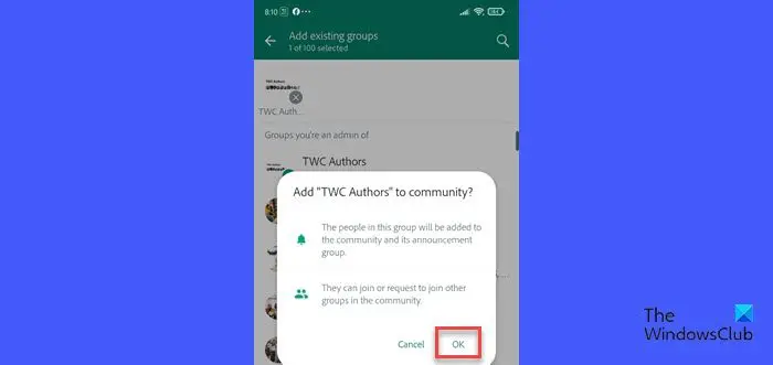 Add group confirmation popup