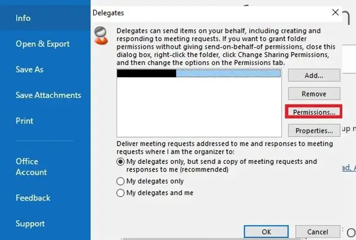 Delegate Permission window