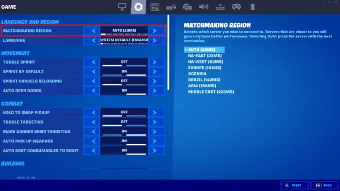 Change Matchmaking Region Fortnite