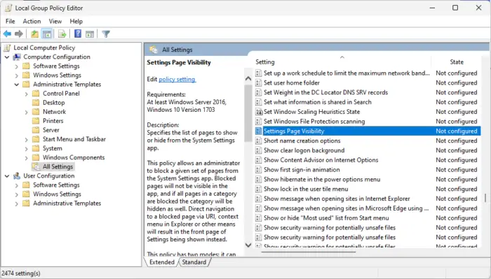 Settings Page Visibility Policy