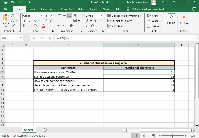 Count characters in Excel