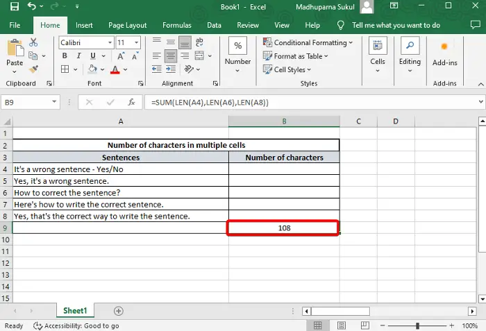 Count characters in Excel