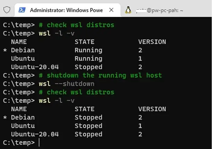 Wsl Shutdown And Distro List Powershell