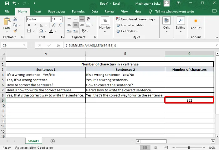 Count characters in Excel