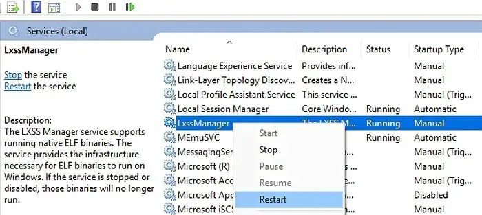 Restart Windows Service Lxssmanager