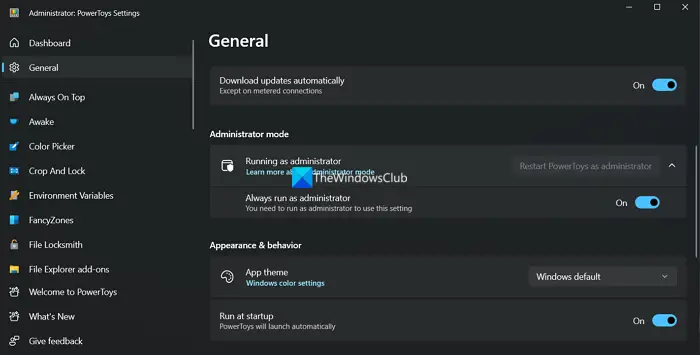 administrator mode settings on PowerToys