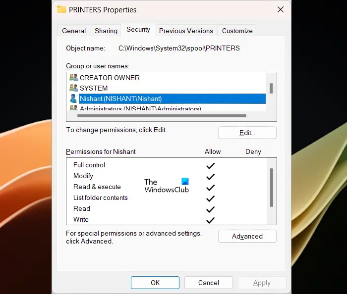 Allow access to PRINTERS folder