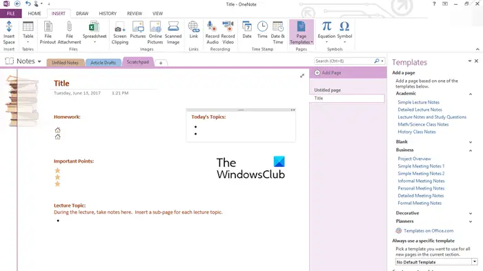 OneNote templates for work
