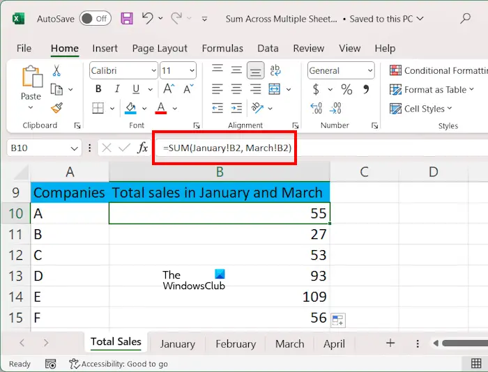 Sum across selected sheets Excel