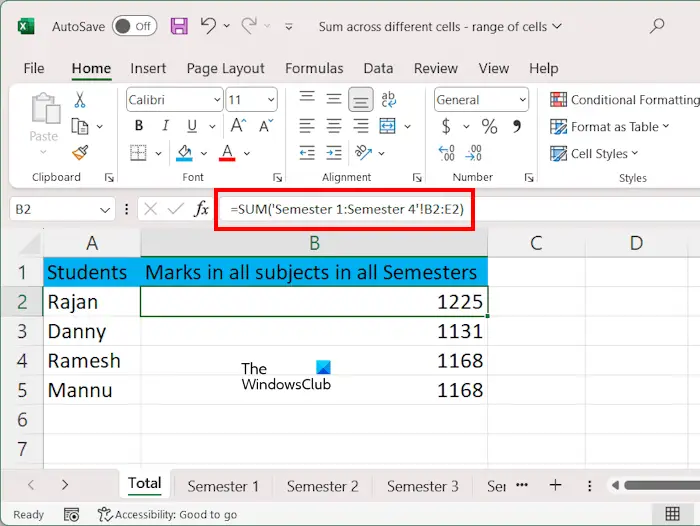 Sum range of cells in diffeent sheets