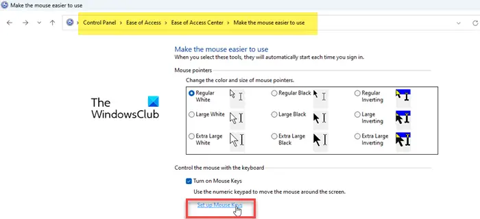 Set up Mouse Keys in Control Panel