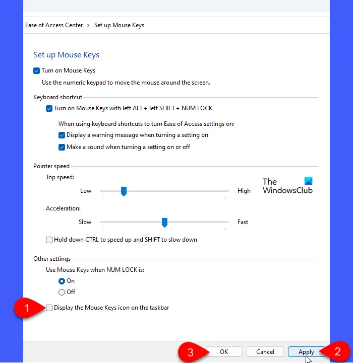 Mouse Keys icon option in Control Panel