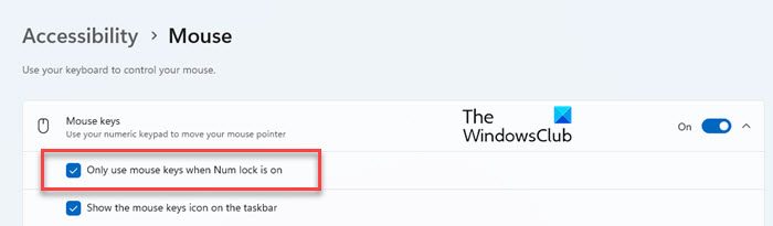 Enable or Disable Use Mouse Keys when Num Lock is On through Settings