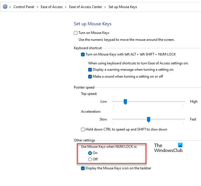 Enable or Disable Use Mouse Keys when Num Lock is On using Control Panel