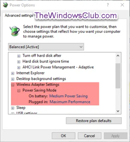 Wireless Adapter Settings_Power options